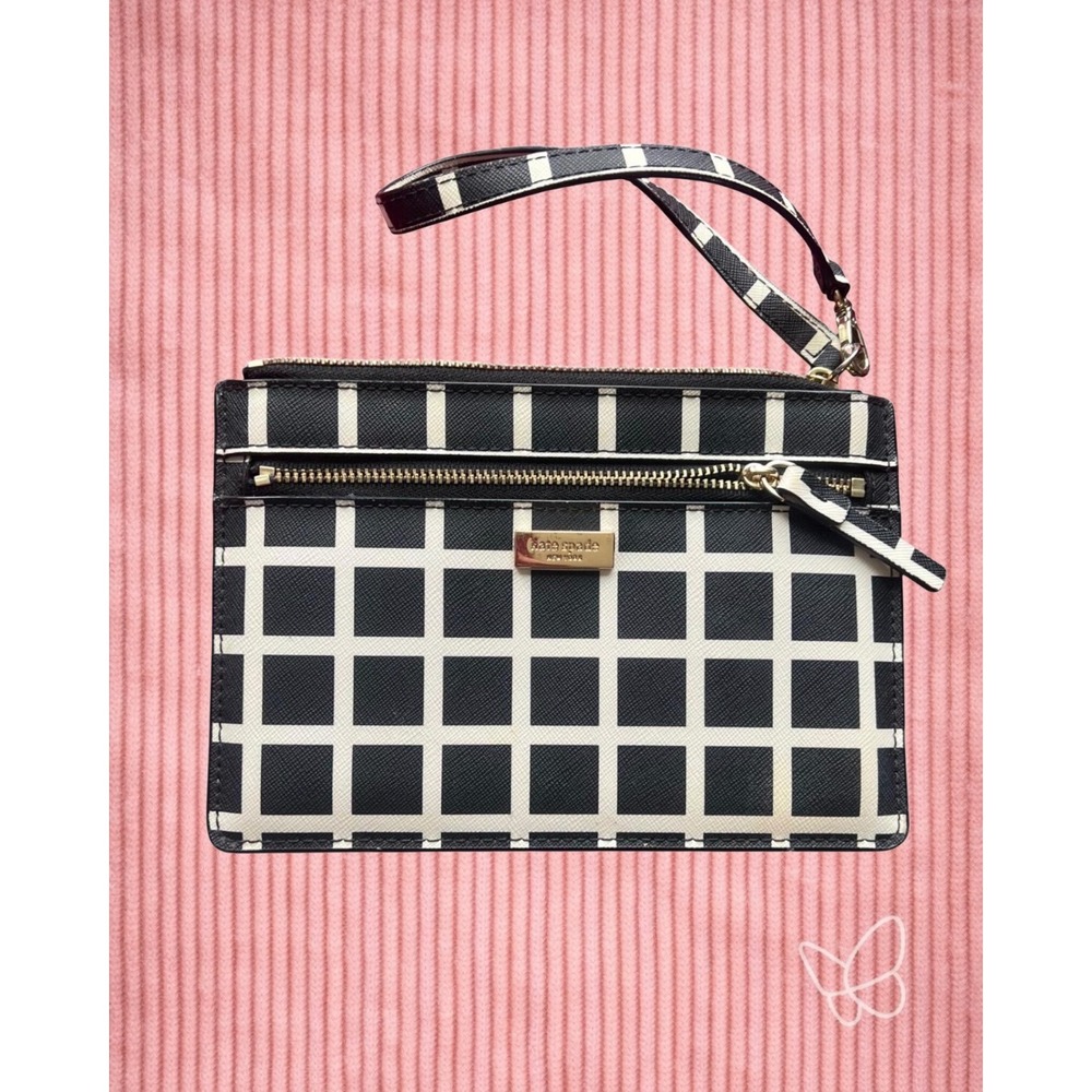 Kate Spade Womens‎ Grid Wristlet Clutch Wallet Black White Zip Pouch - Picture 5 of 5